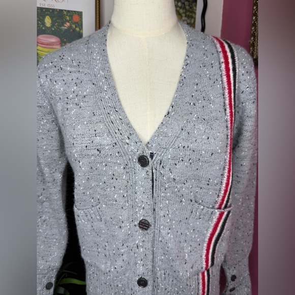 NEW THOM BROWNE Cotton V-Neck Speckled Grey Cardigan Sz Small - Picture 3 of 11